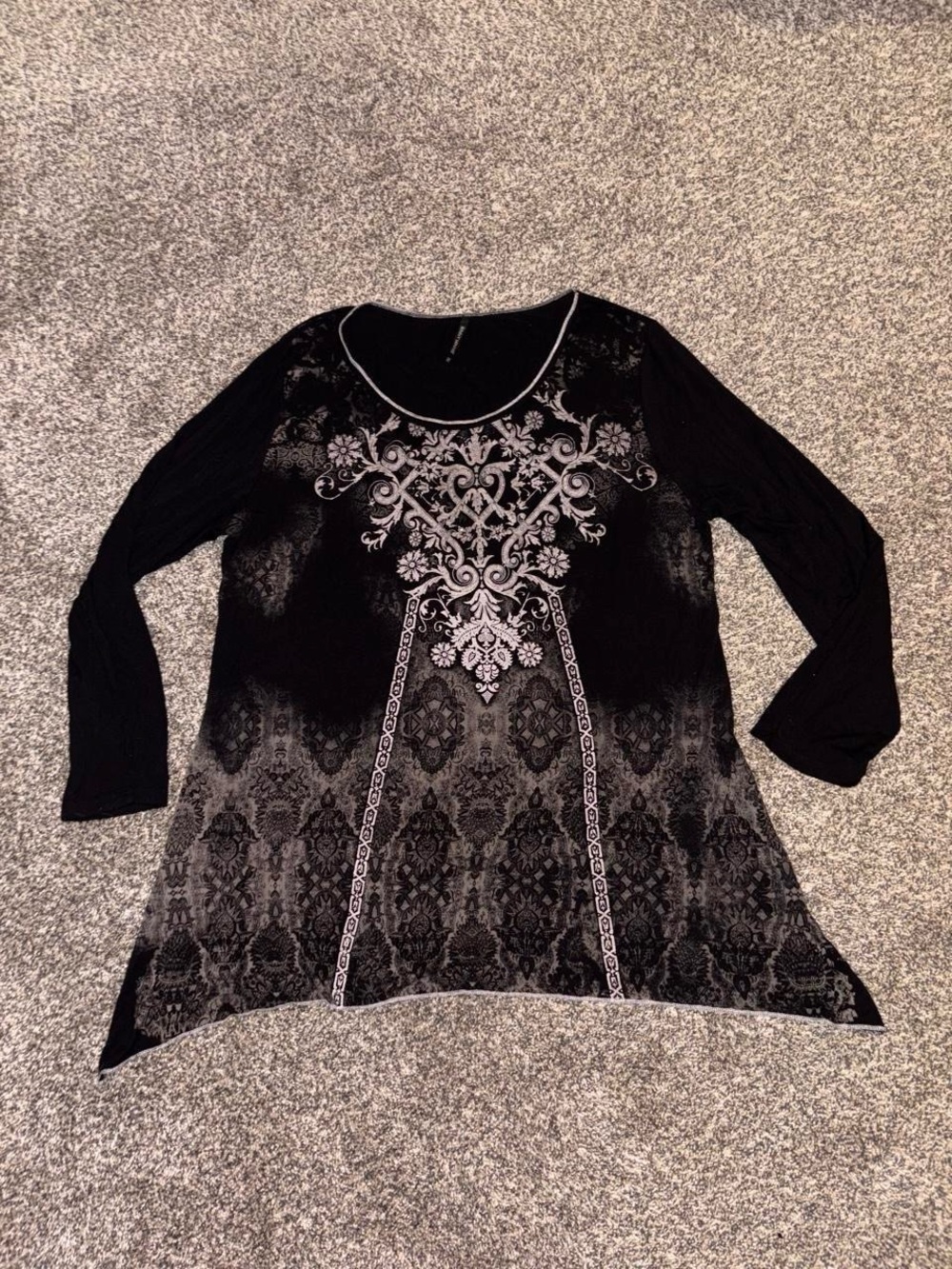 Y2K black long sleeve top with a grunge goth design and sequins